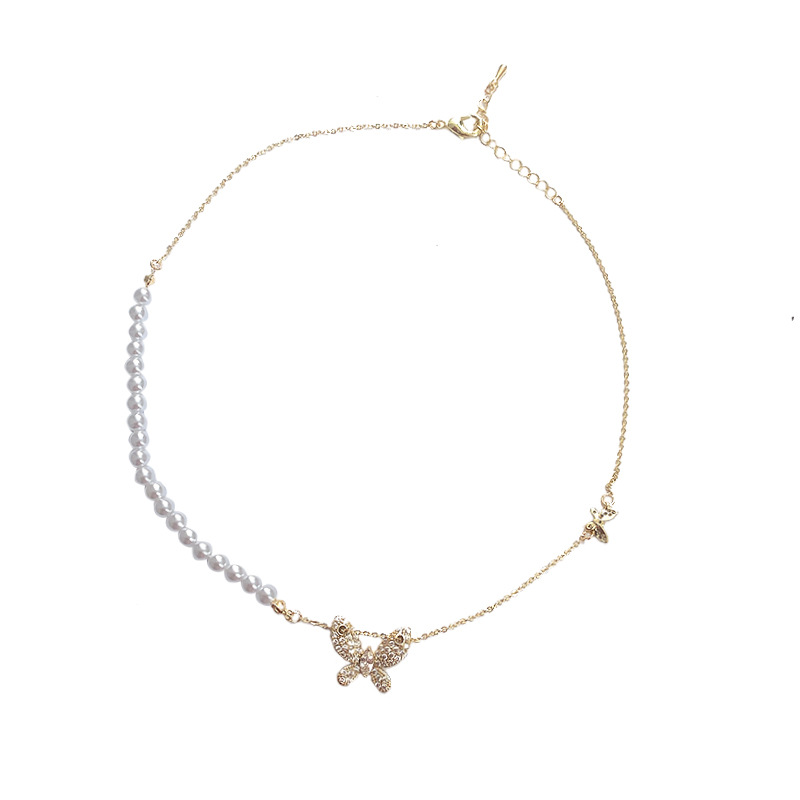 Half Pearl Half Chain Butterfly Necklace-BilngRunway