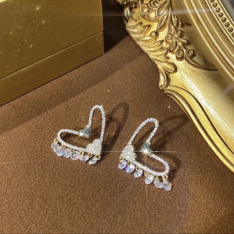 Bling Runway tiktok jewelry heart zircon tassel earrings