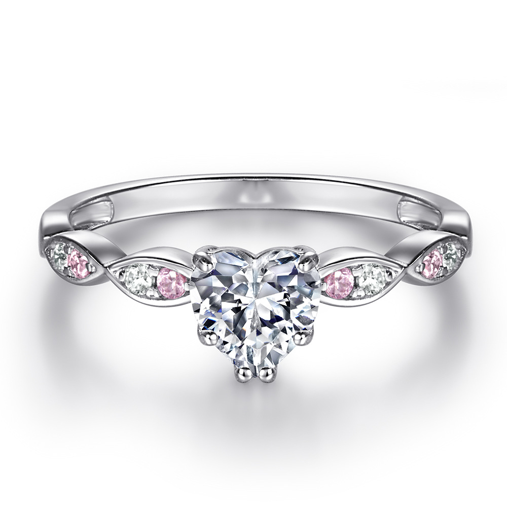 925 sterling silver heart zircon with pink zircon ring set