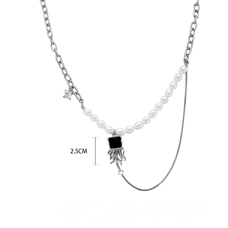 Asymmetric Black Zircon Half Pearl Half Chain Necklace-BlingRunway