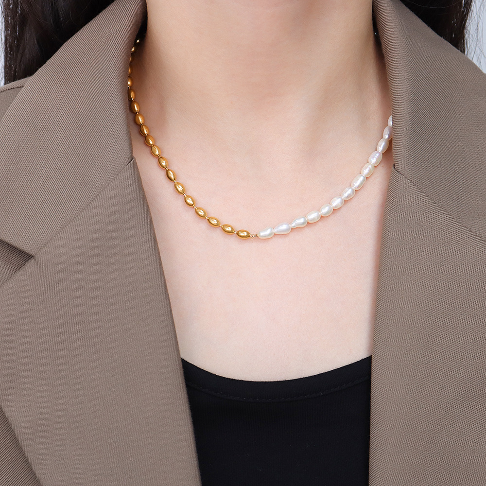 Classic 18K Gold Freshwater Pearl Half Pearl Half Chain Necklace-BlingRunway