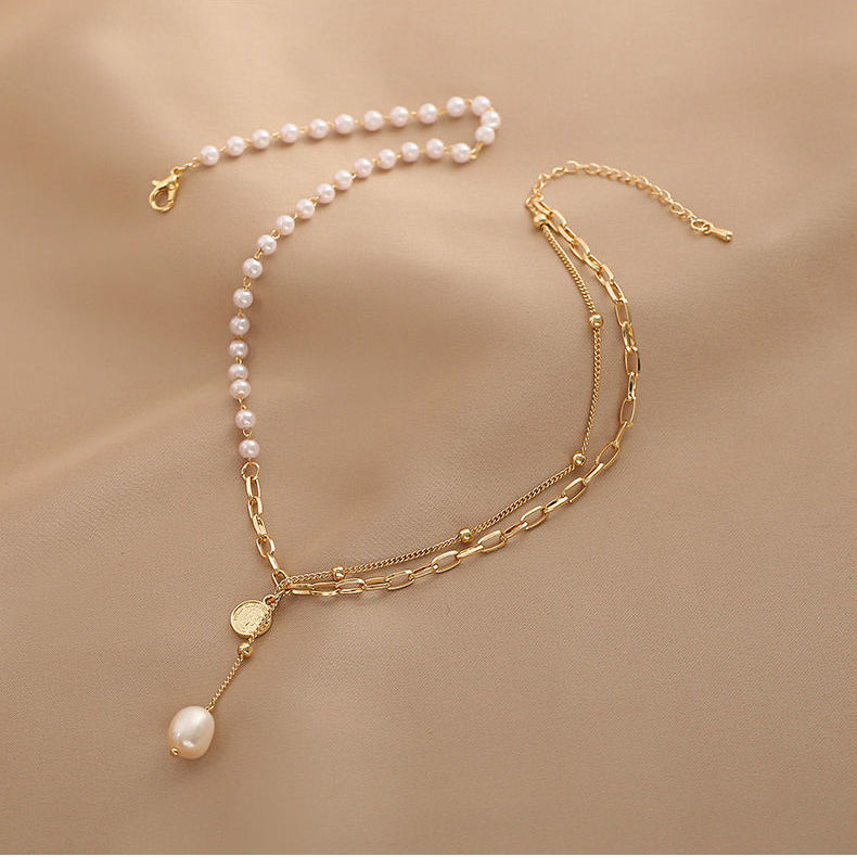 Freshwater Pearl Coin Pendant Layered Half Pearl Half Chain Necklace-BlingRunway