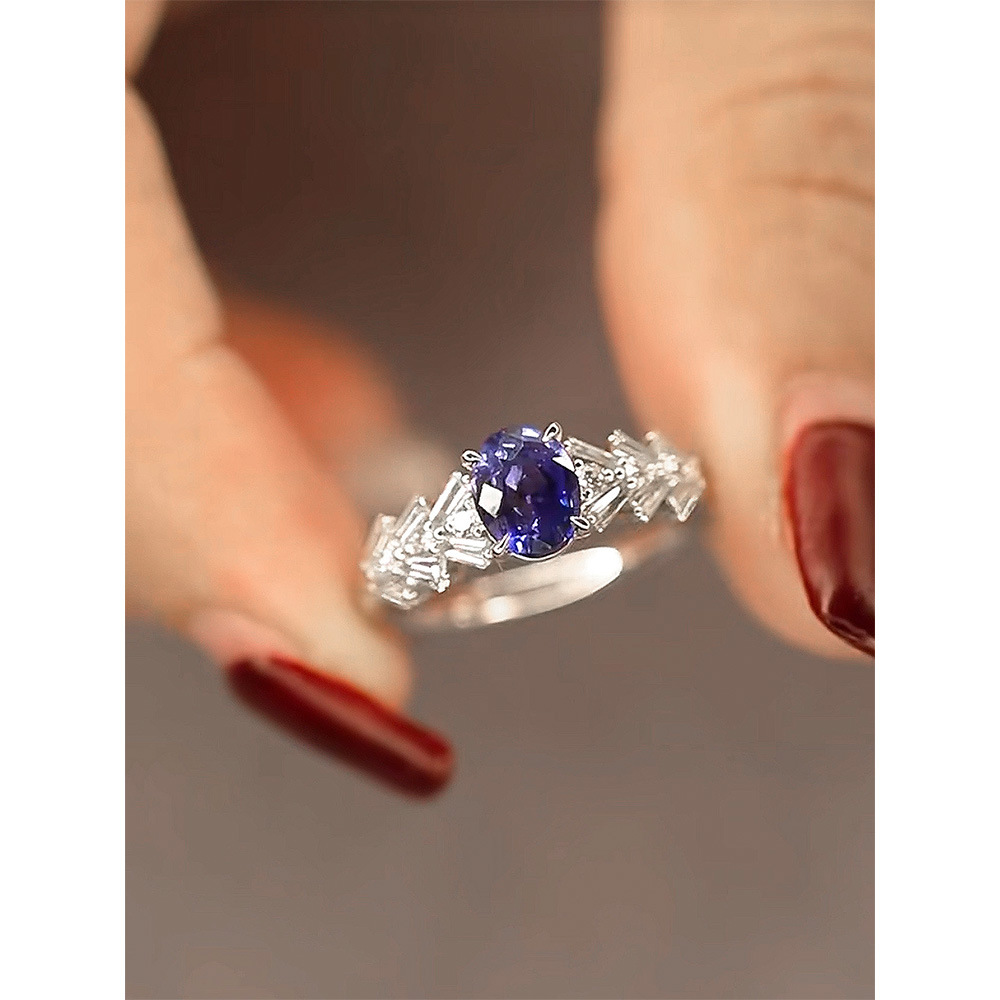 New Design S925 Silver Oval High Carbon Simulation Sapphire Rings-BlingRunway