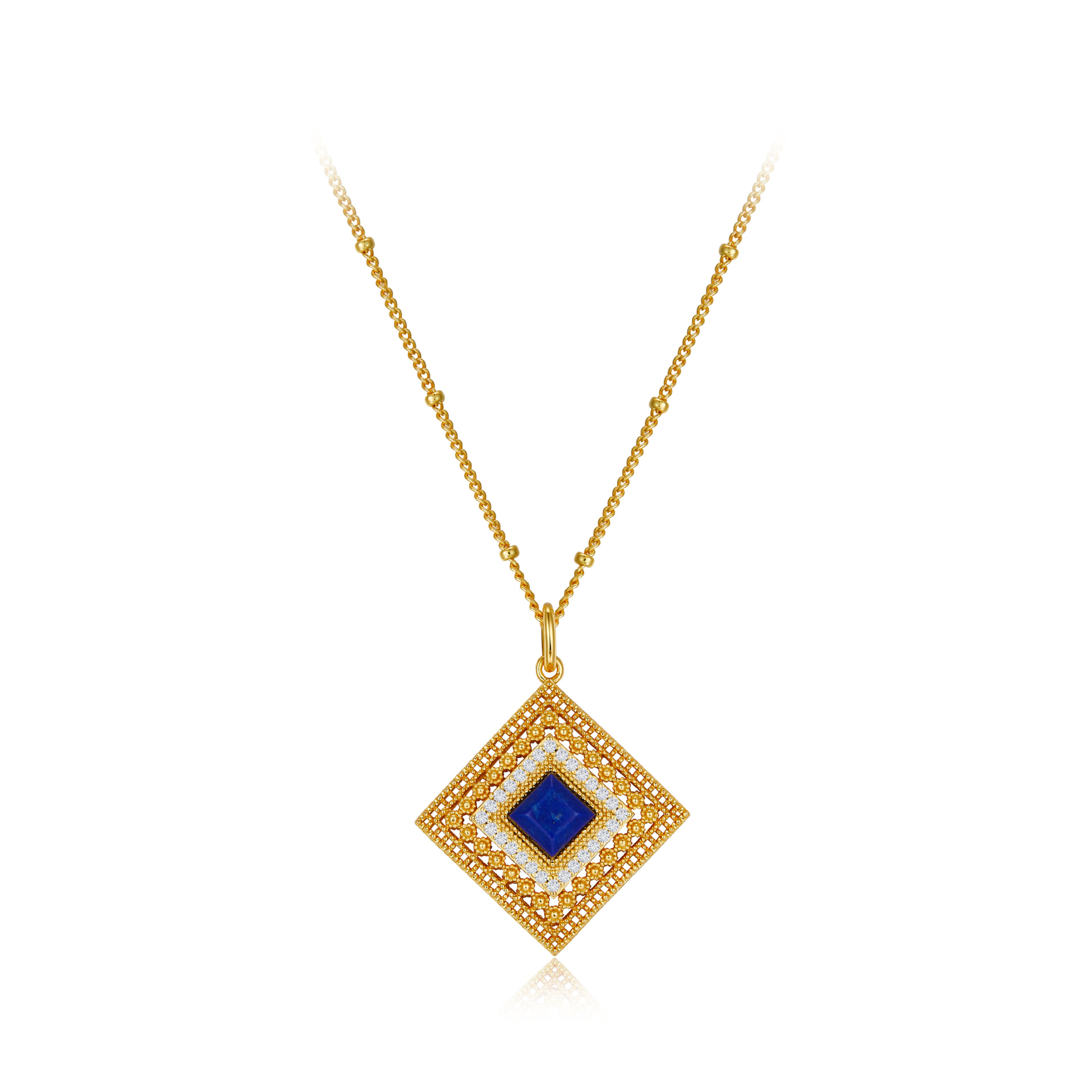 Hollow Ancient Craft Natural Lapis Lazuli S925 Sterling Silver Rhombus Necklace-BlingRunway