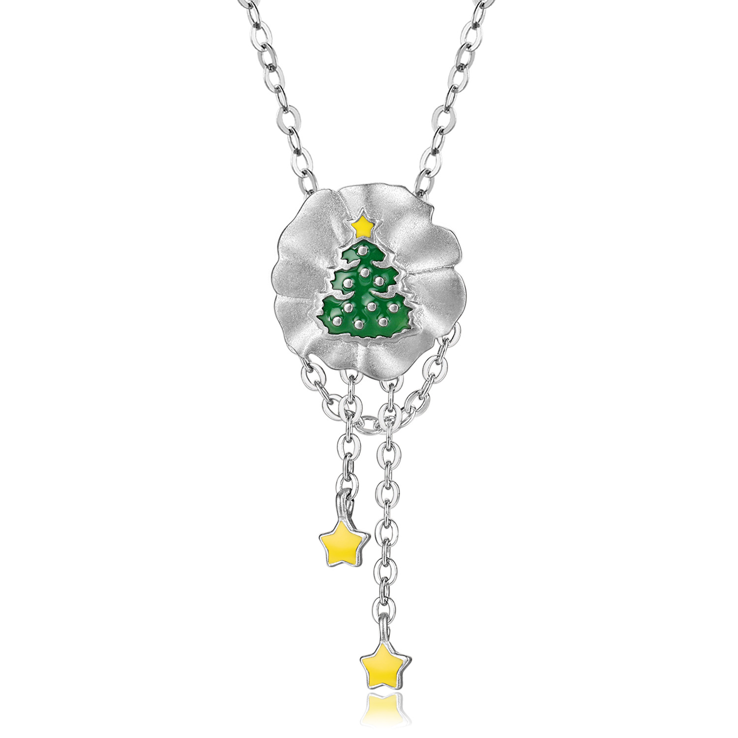 Green Enamel Christmas Tree Handmade Series S925 Sterling Silver Necklace-BlingRunway