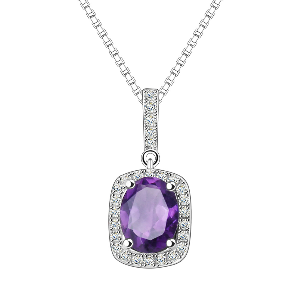 Classic Square S925 Silver Inlaid Natural Amethyst Necklace Pendant-BlingRunway