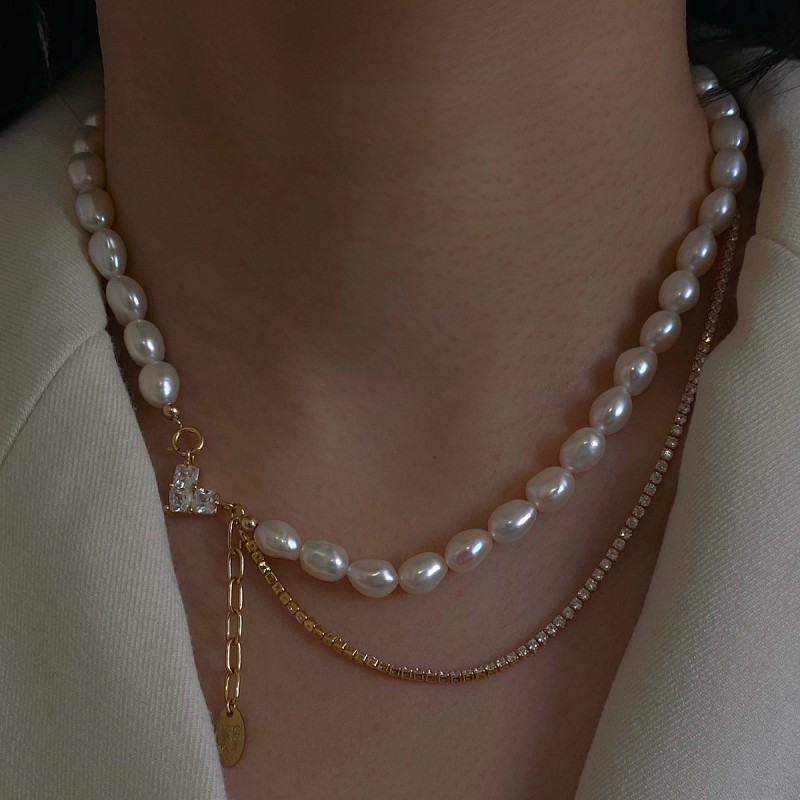 Half Pearl Half Chain Necklace Men Women Silver Gold Color Cuban Link  Stainless Steel Jewelry Choker