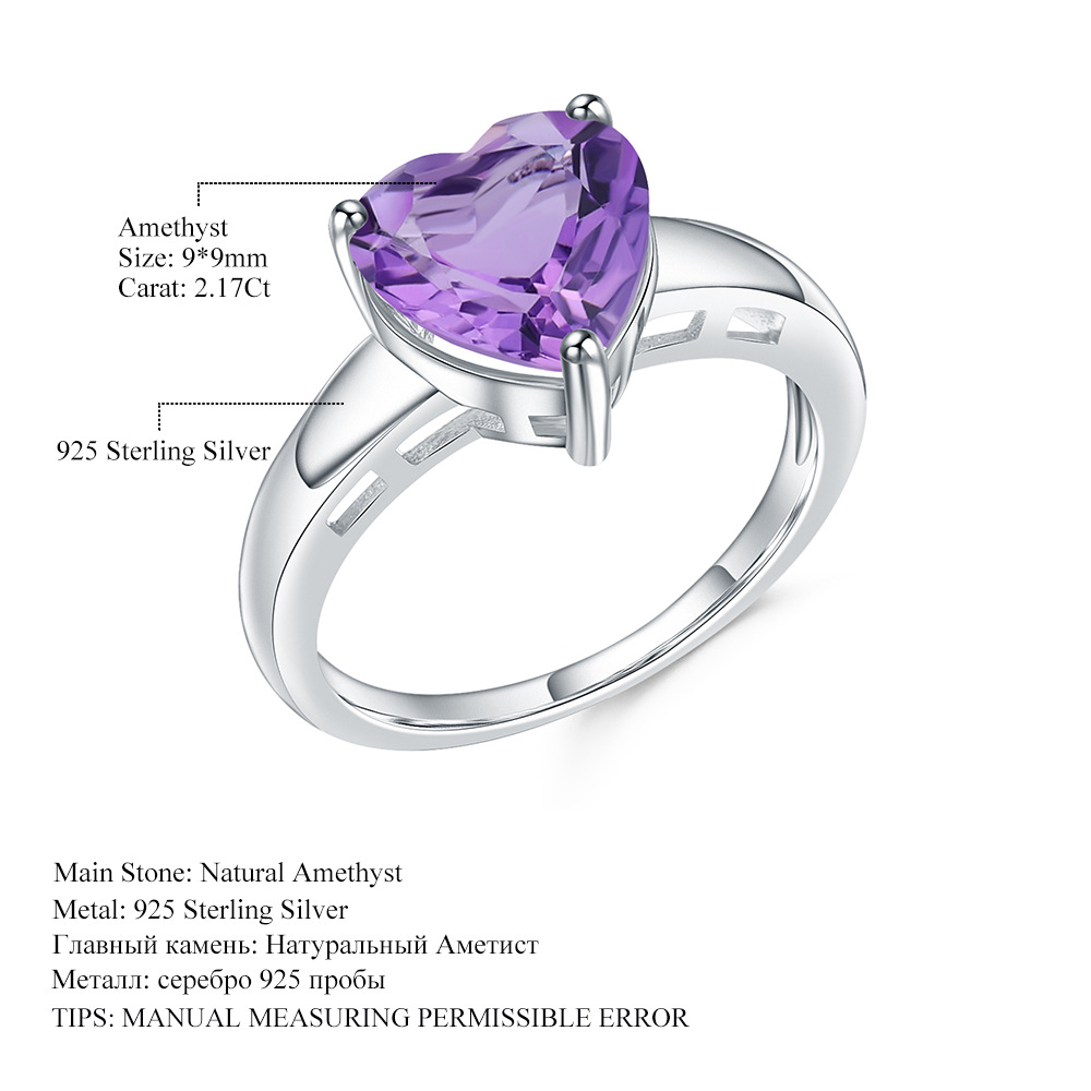 Heart Love S925 Silver Inlaid Natural Amethyst Treasure Ring-BlingRunway