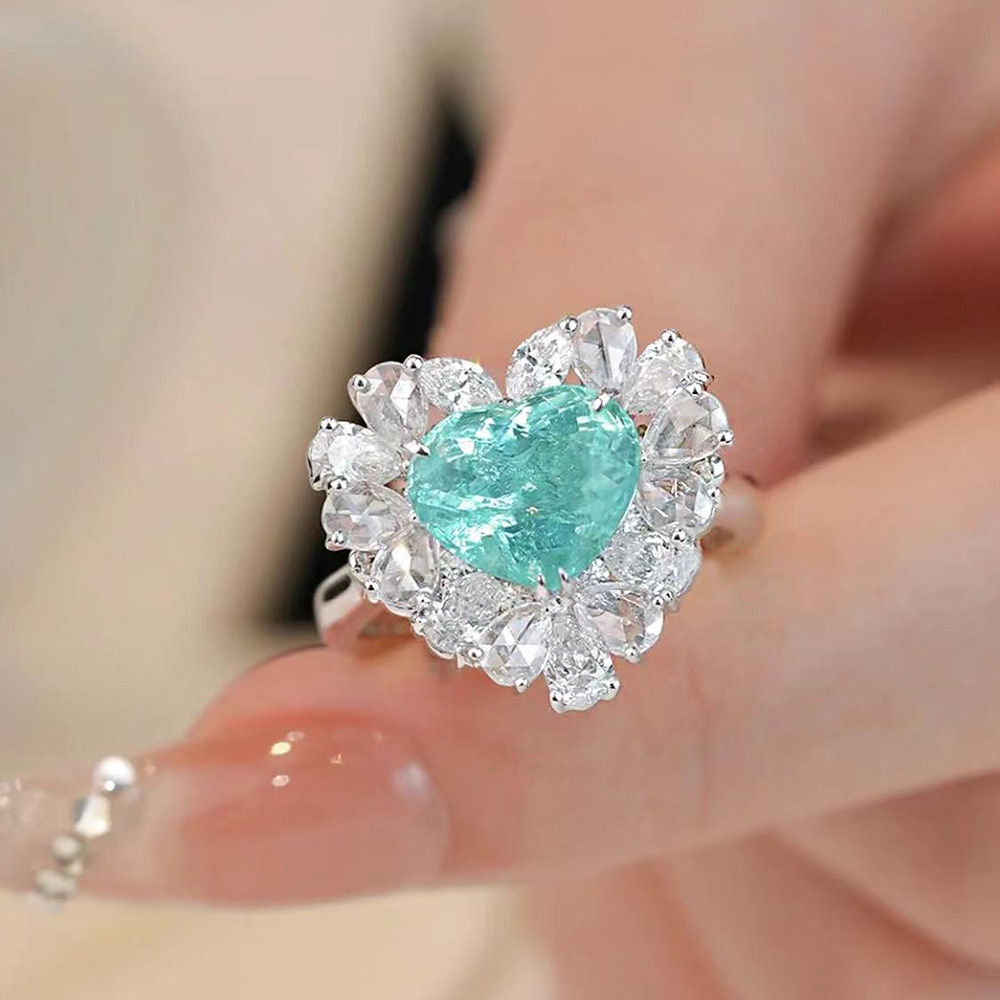 Heart Shape Design S925 Sterling Silver High Carbon Diamond Blue Diamond Ring-BlingRunway