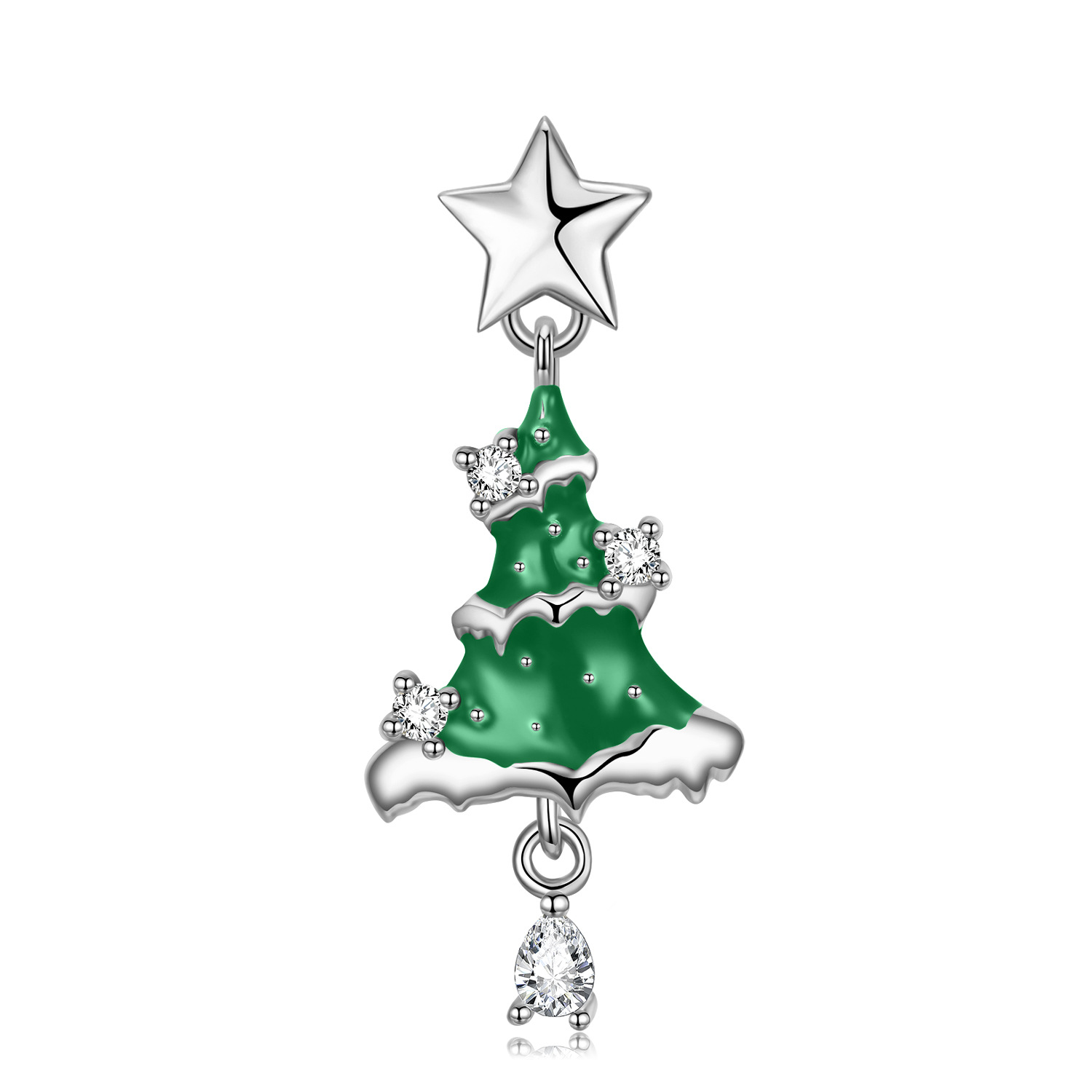 Green Enamel Star Christmas Tree Handmade Series S925 Sterling Silver Necklace