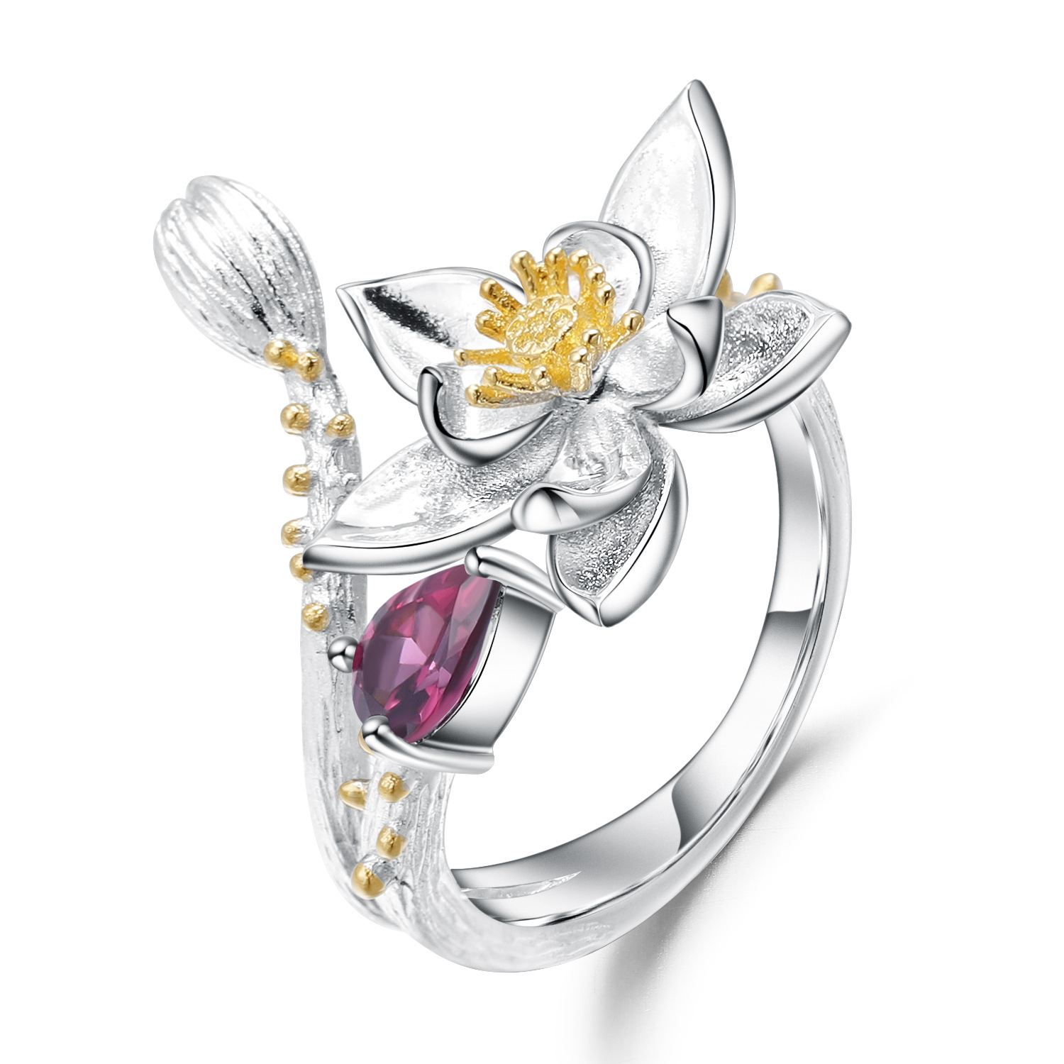 Secret Garden Flower Design S925 Silver Natural Gemstone Ring-BlingRunway