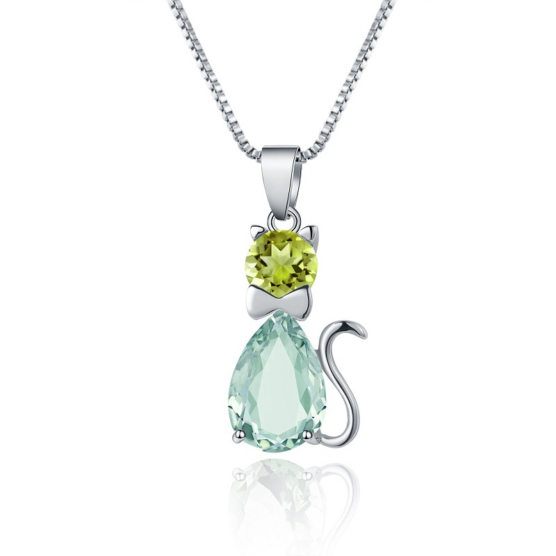 Cat Shape S925 Sterling Silver Inlaid Green Amethyst Necklace Pendant