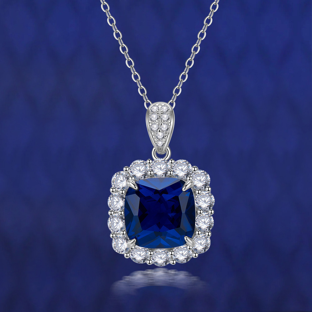 Surrounding S925 Sterling Silver High Carbon Simulated Royal Sapphire Necklace-BlingRunway