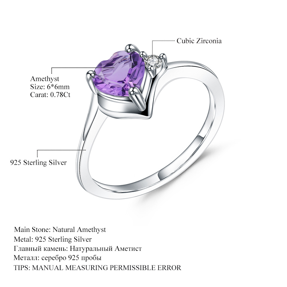 Triangle Inlaid Heart-shaped S925 Sterling Silver Natural Amethyst Ring-BlingRunway