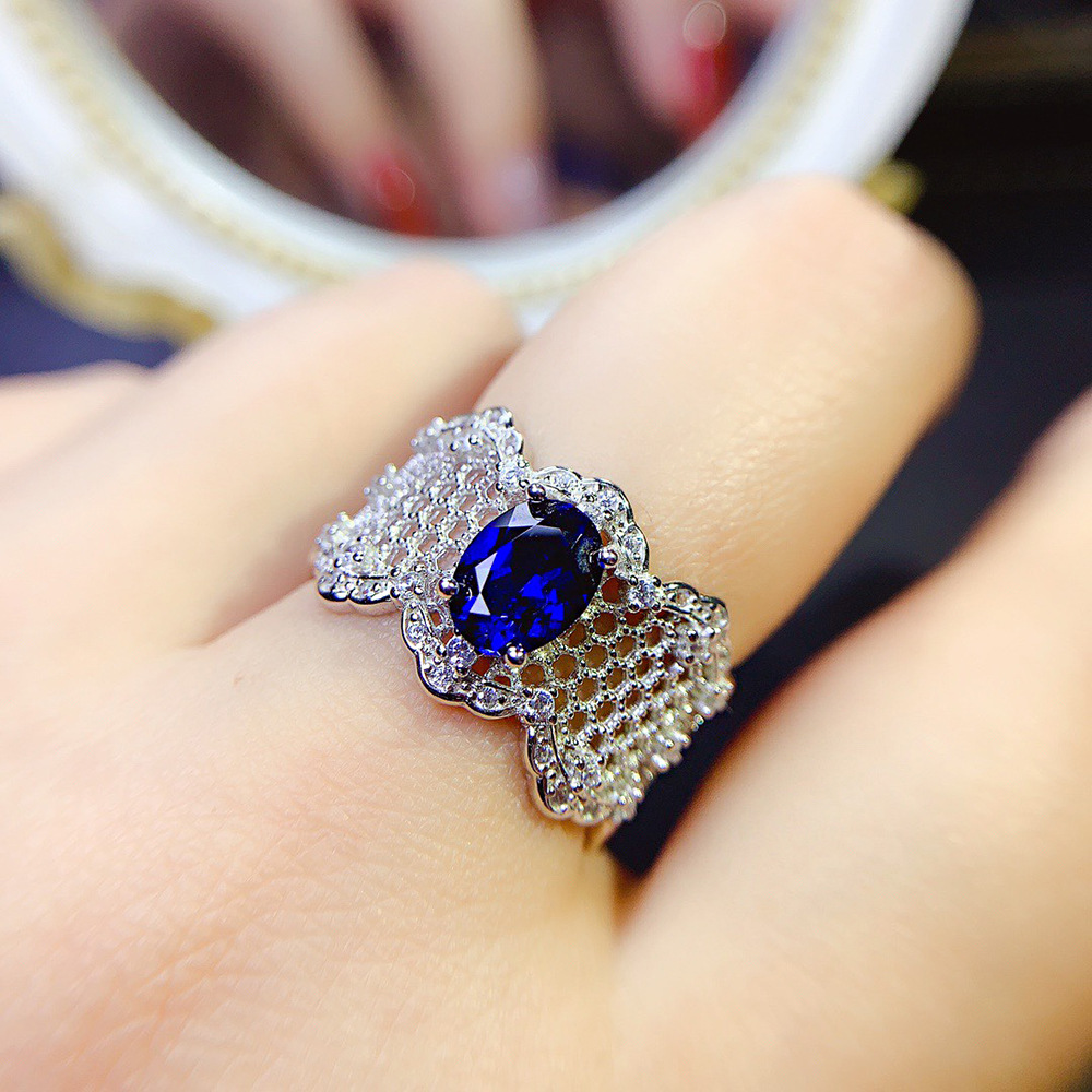 Spider Silk Design S925 Silver Inlaid High Carbon Simulated Sapphire Ring-BlingRunway