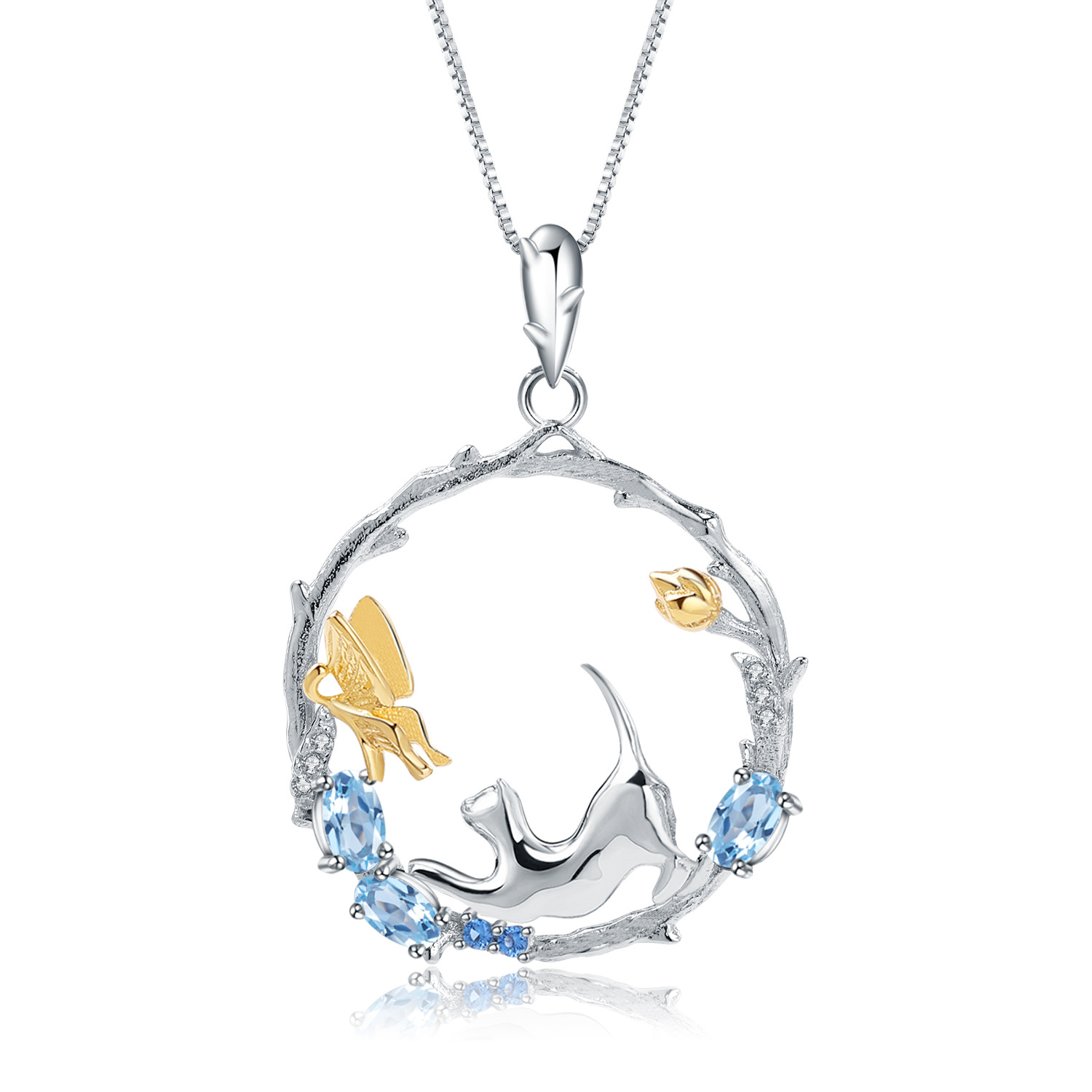 "Cat under the Butterfly" S925 Sterling Silver natural topaz necklace-BlingRunway