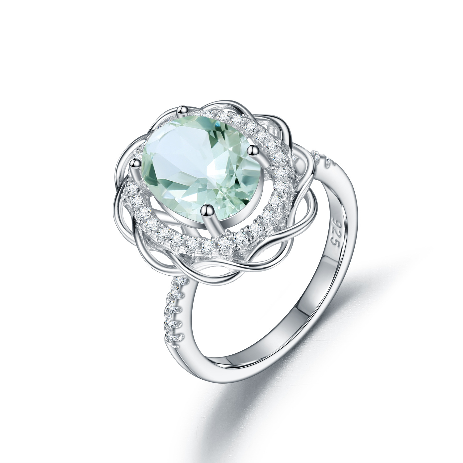 Sunflower Design S925 Sterling Silver Natural Green Amethyst Ring