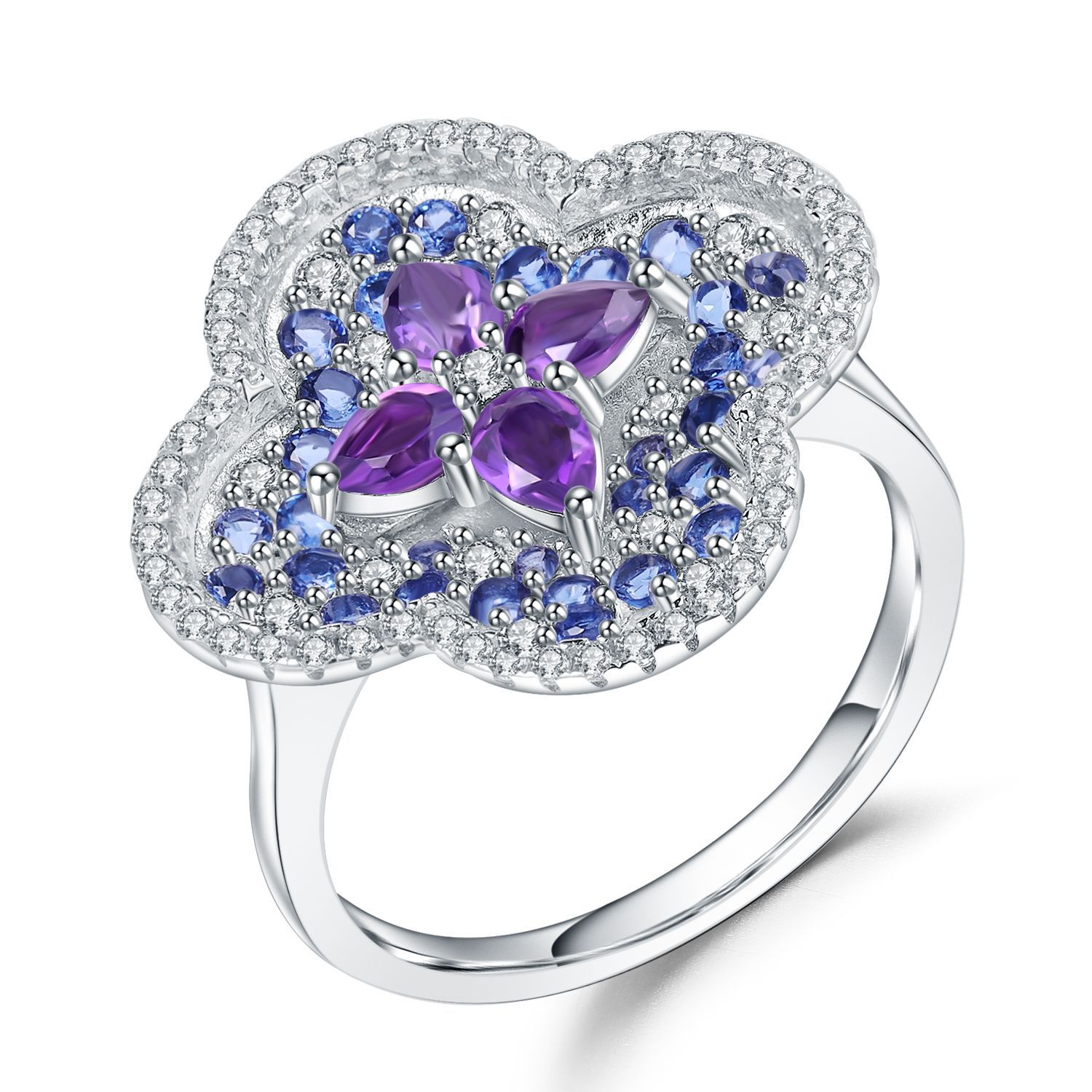 Flowers Series S925 Silver Inlaid Natural Amethyst Ring