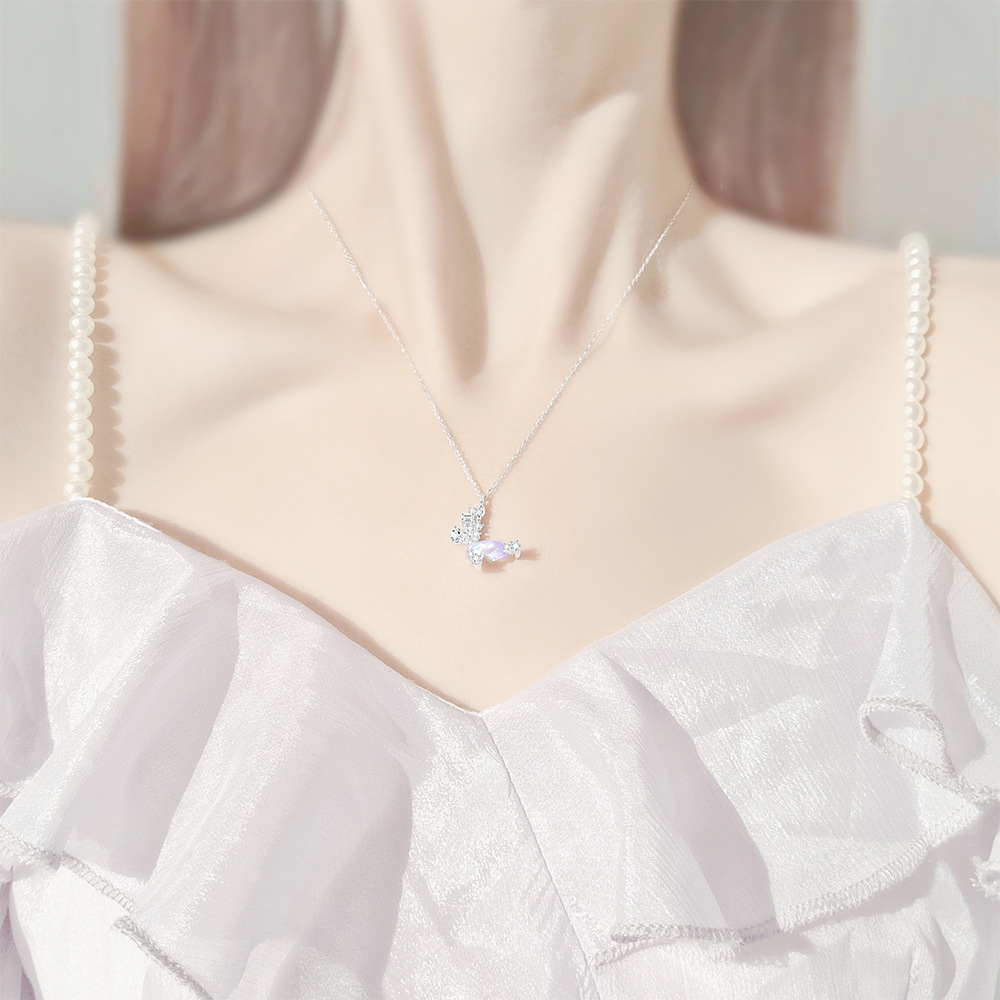 S925 Sterling Silver Pearl Stitching Aurora Butterfly Necklace Spice Girls  Advanced Sense Clambone Chain