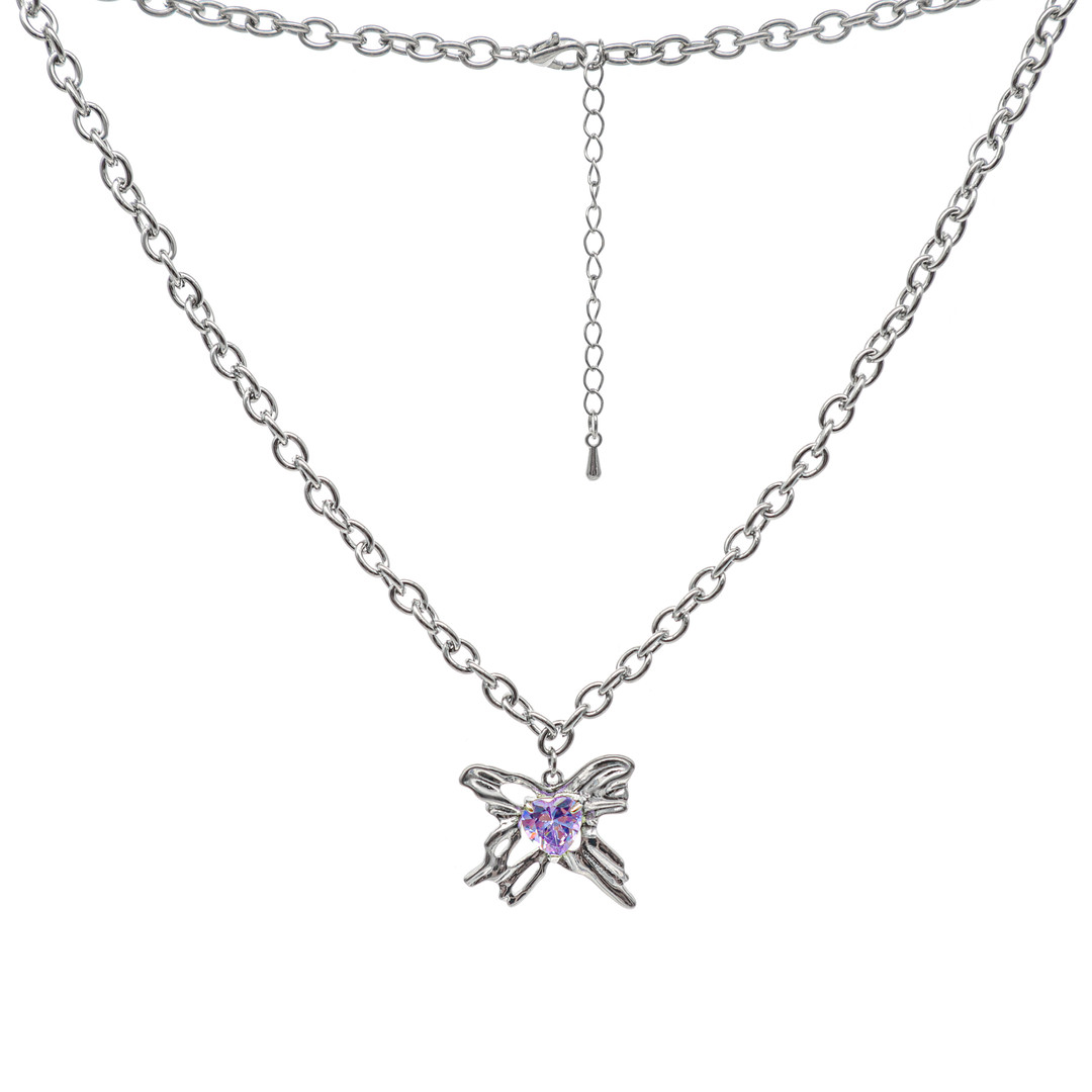 Bling Runway 2021 new purple heart-shaped zircon futuristic butterfly necklace stacking necklace-BilngRunway