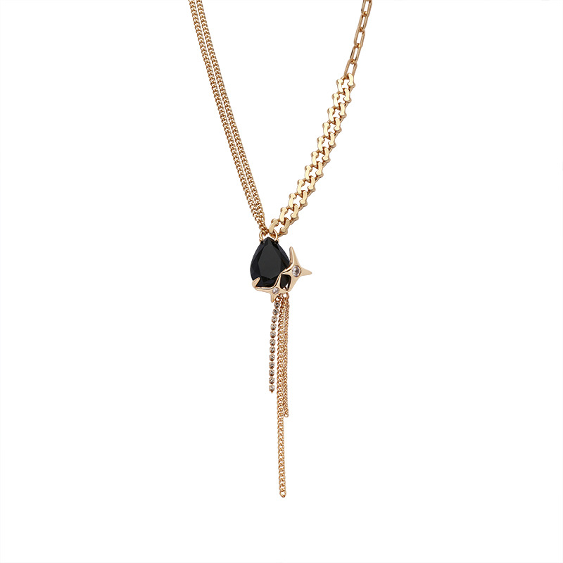 Four-pointed star black crystal metal tassel necklace-BilngRunway