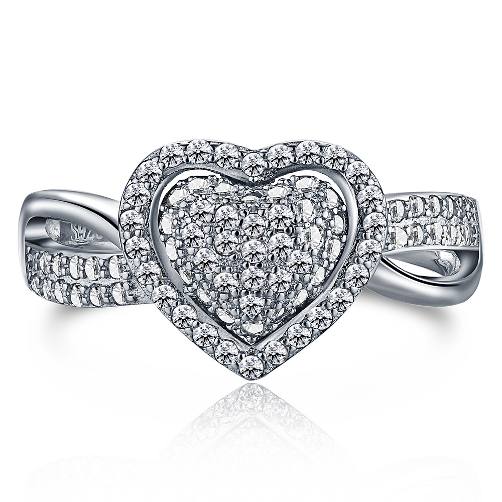 Full zircon heart handmade silver ring-BilngRunway