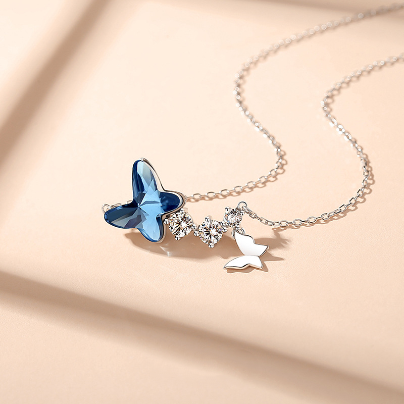 Light Luxury Sterling Silver Pink/Blue Butterfly Pendant Necklace-BilngRunway