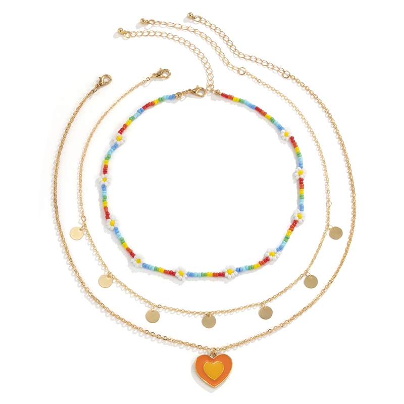 Bling Runway Orange Heart Pendant Beaded Three Layered Necklace Set