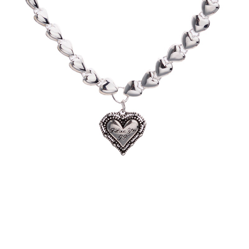 Vintage Worn Heart Pendant Asymmetric Necklace-BilngRunway