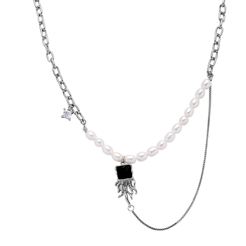 Asymmetric Black Zircon Half Pearl Half Chain Necklace-BilngRunway