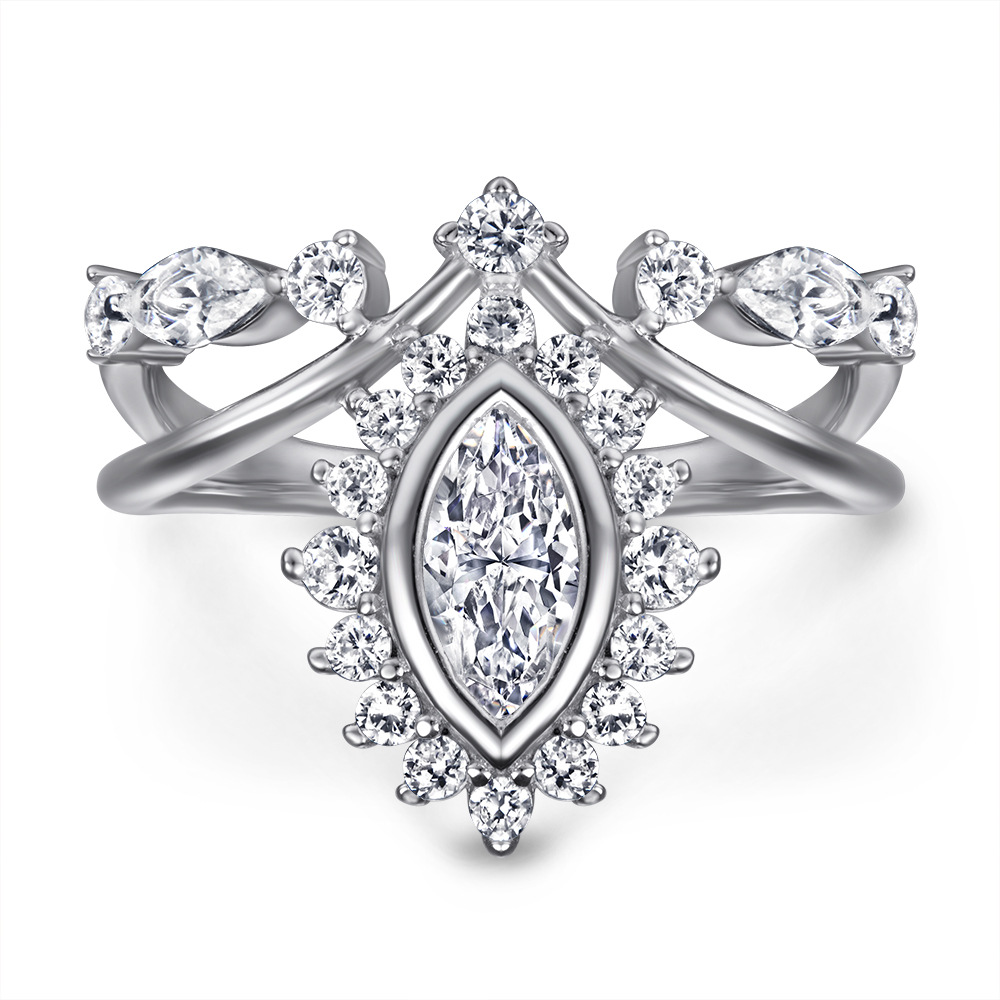 Bling Runway Crown inlaid olive-shaped zircon exaggerated handmade  silver ring-BlingRunway