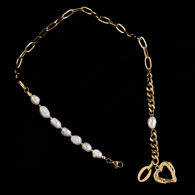 Cutout Heart Pendant Baroque Half Pearl Half Chain Necklace-BlingRunway