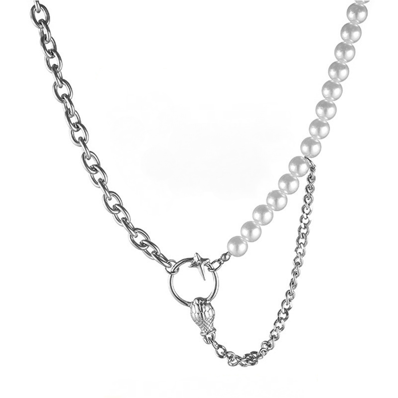 Snake Head Pendant Half Pearl Half Chain Necklace-BilngRunway