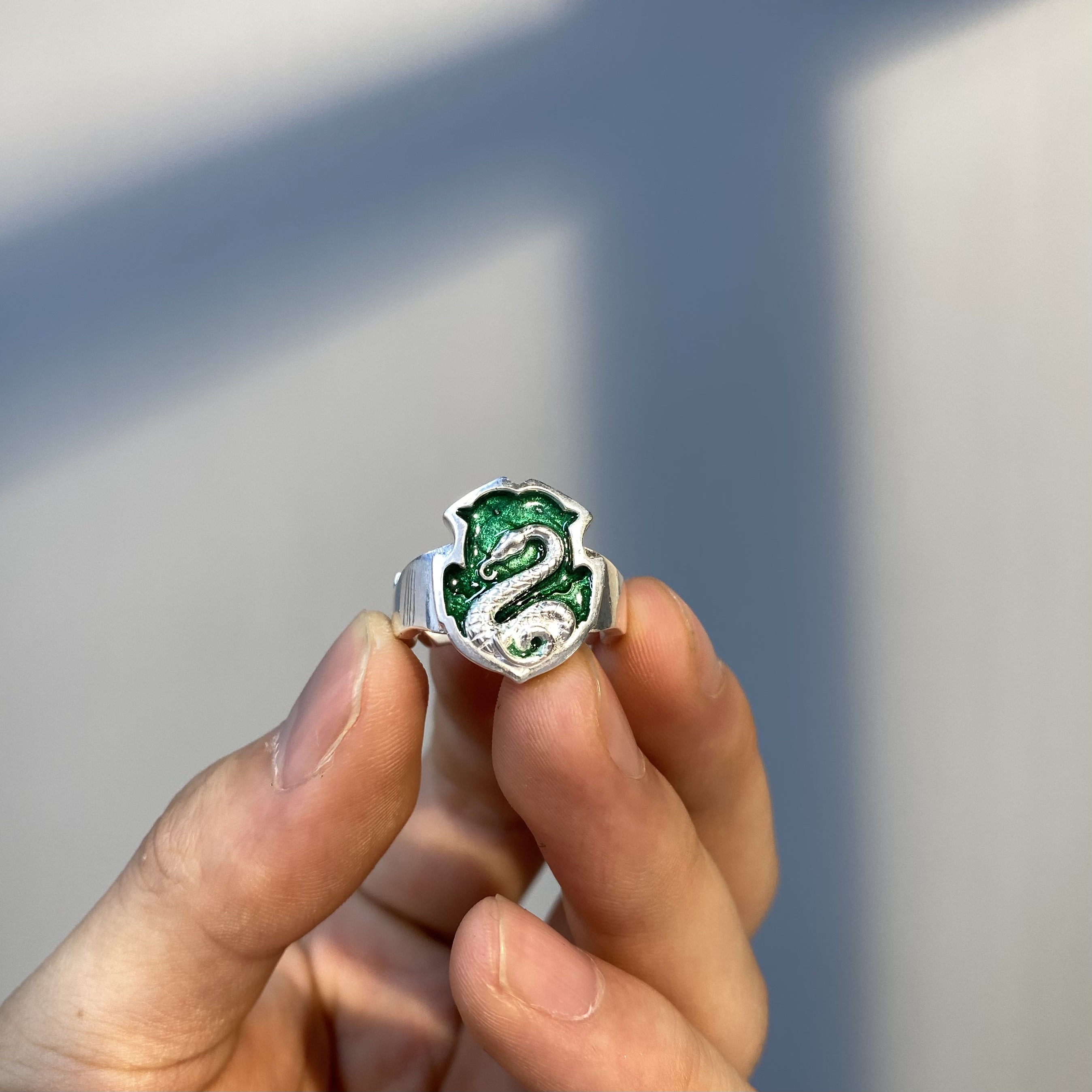 Slytherin Green Hot Enamel Handmade Seal 999 Sterling Silver Ring