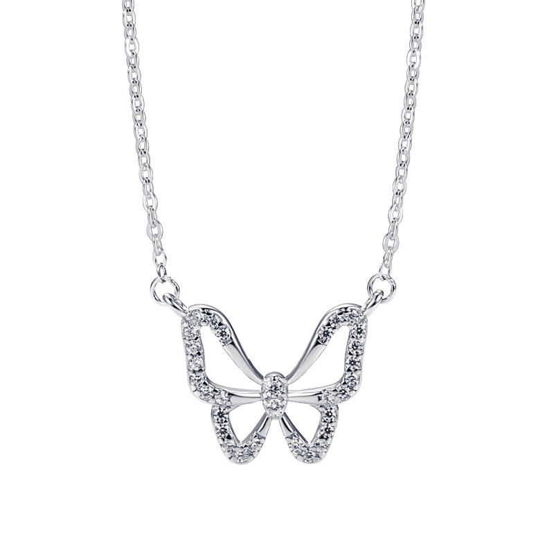 Plated White Gold Premium Sterling Silver Butterfly Necklace-BlingRunway