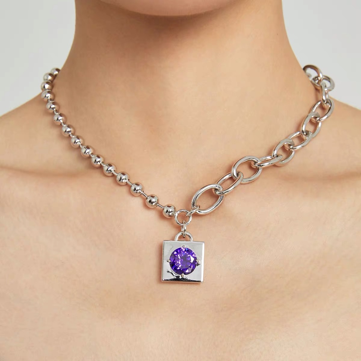 Bling Runway Mirror in mirror purple gemstone inlaid pendant asymmetric stitching necklace-BilngRunway