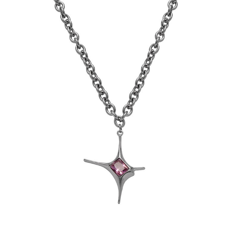Four-pointed star pink crystal pendant necklace-BilngRunway