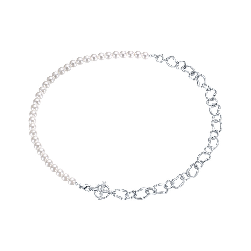 Asymmetric Cross Pendant Half Pearl Half Chain Necklace-BilngRunway