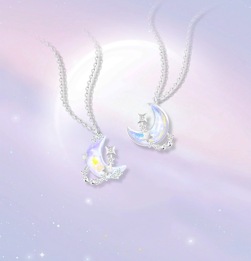Aurora Series Classic Star Moon Pendant S925 Sterling Silver Necklace-BilngRunway