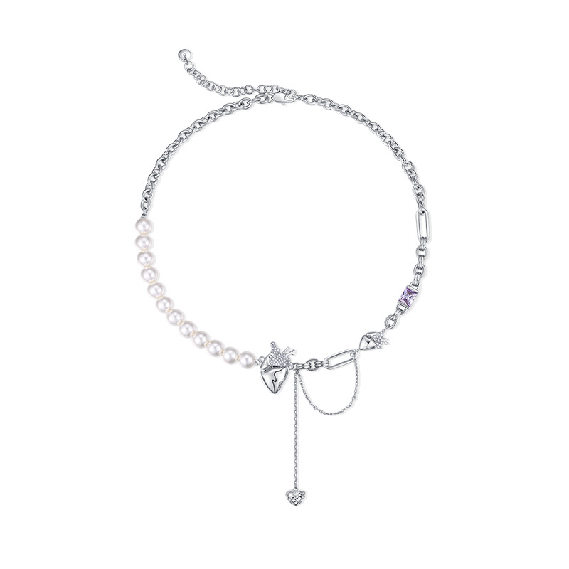 Heart Pendant Half Pearl Half Chain Necklace-BlingRunway