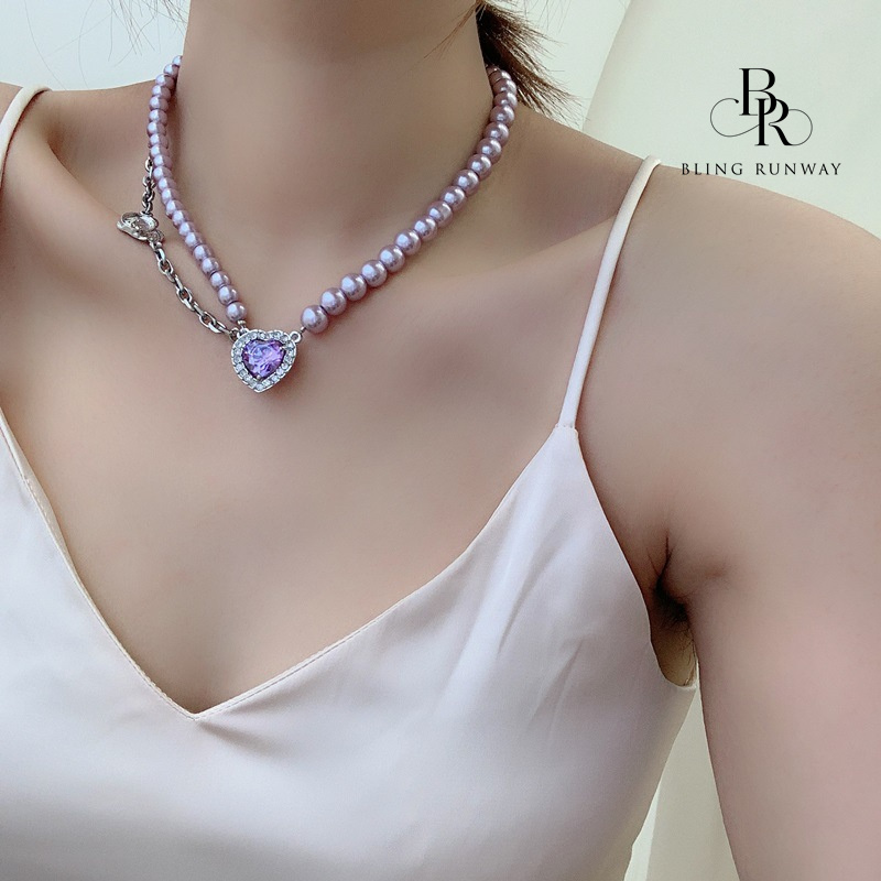 BR  BLING RUNWAY  Purple Love Zircon Pearl Stitching Necklace-BilngRunway