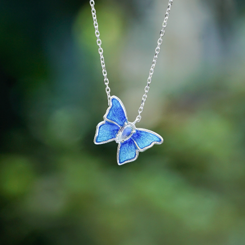 Fantasy Butterfly Moonstone Blue Enamel S999 Sterling Silver Necklace-BlingRunway