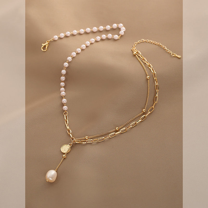 Freshwater Pearl Coin Pendant Layered Half Pearl Half Chain Necklace