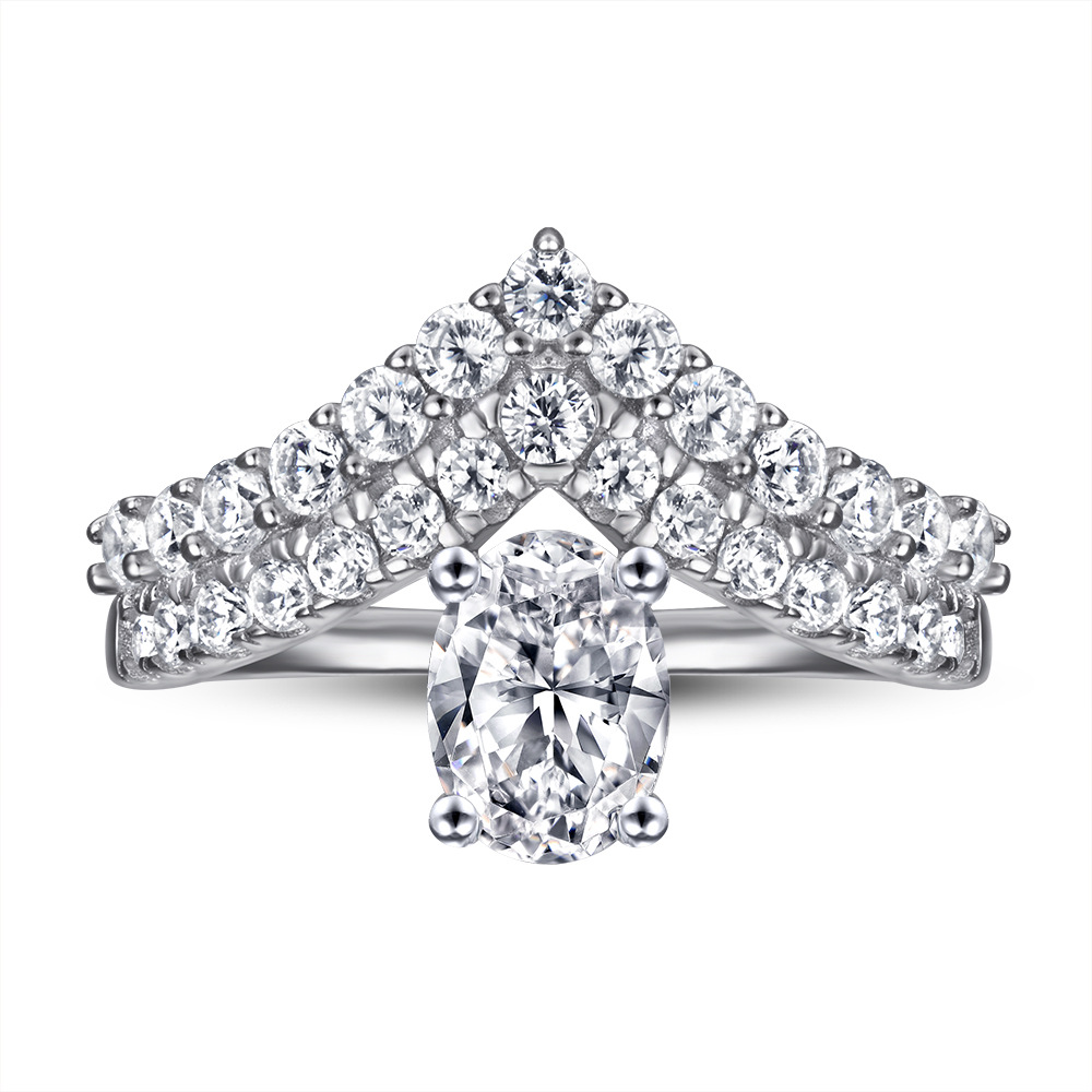 Bling Runway V-shaped double row crown drop zircon S925 sterling silver ring