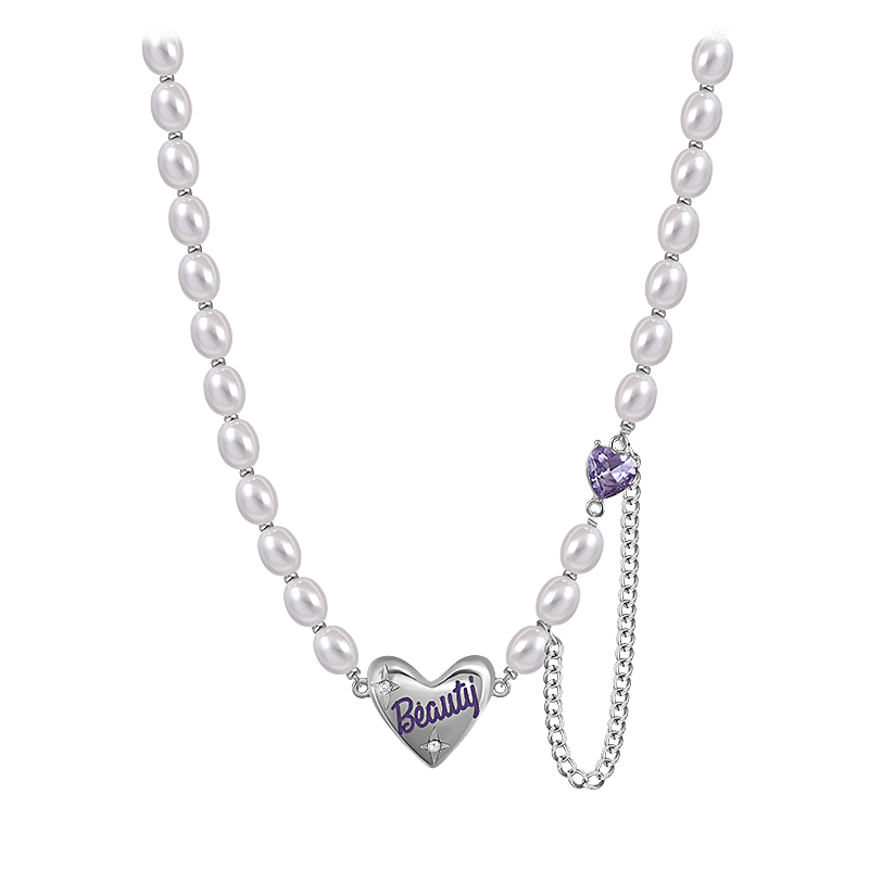 Pearl and Purple Rhinestone Heart Pendant Necklace-BilngRunway