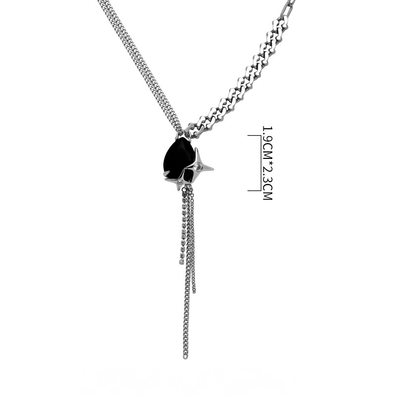 Four-pointed star black crystal metal tassel necklace-BlingRunway