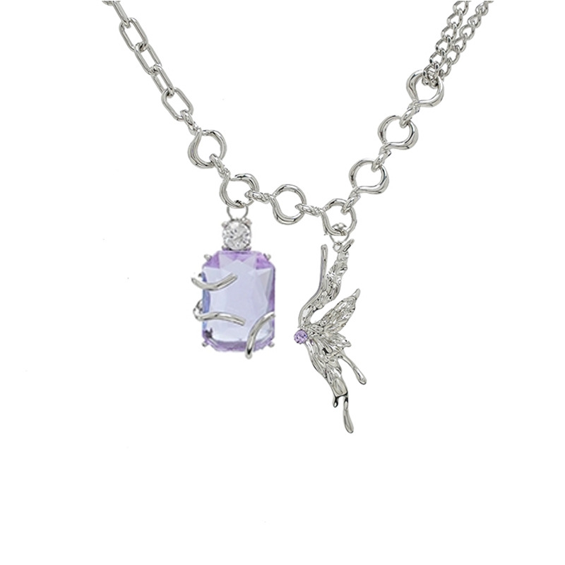 Bling Runway Double pendant style purple zircon butterfly pendant necklace women-Product-BilngRunway