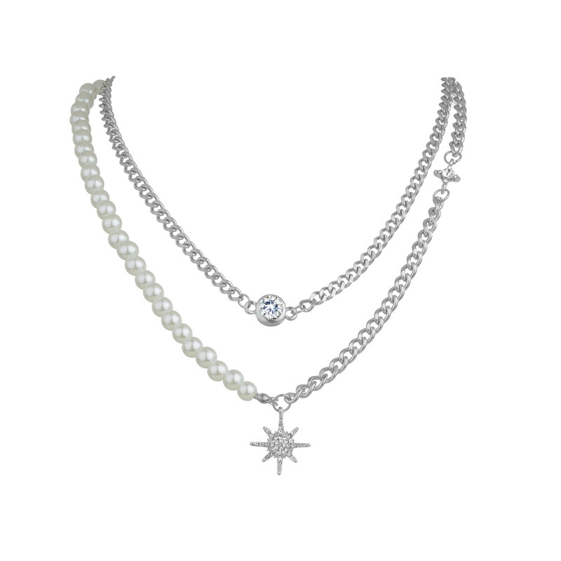 Star Pendant Double Half Pearl Half Chain Necklace-BilngRunway
