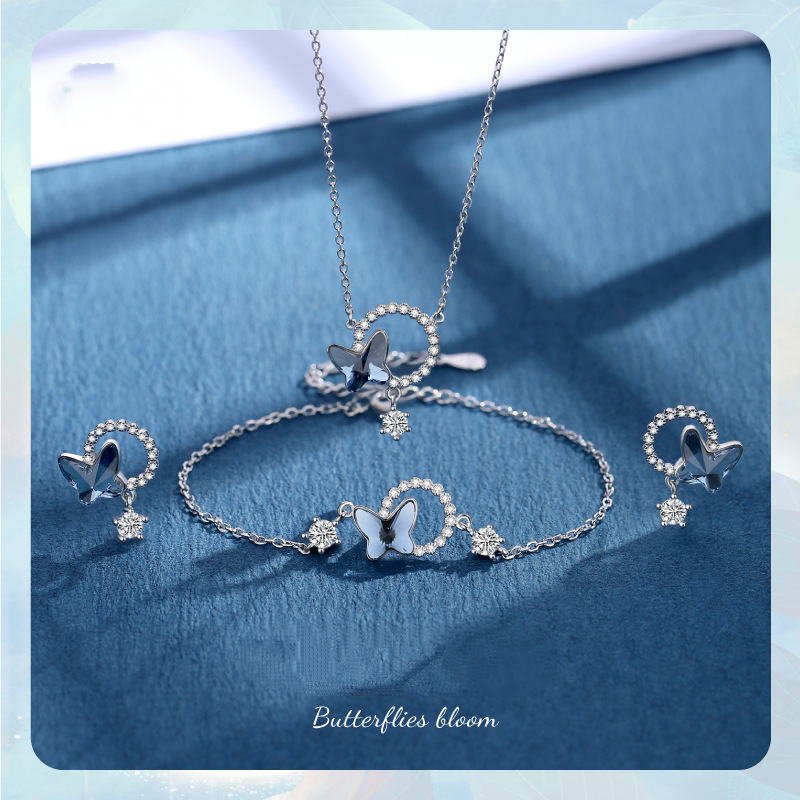 S925 Silver Crystal Blossom Butterfly Necklace Bracelet  Earrings Set-BlingRunway