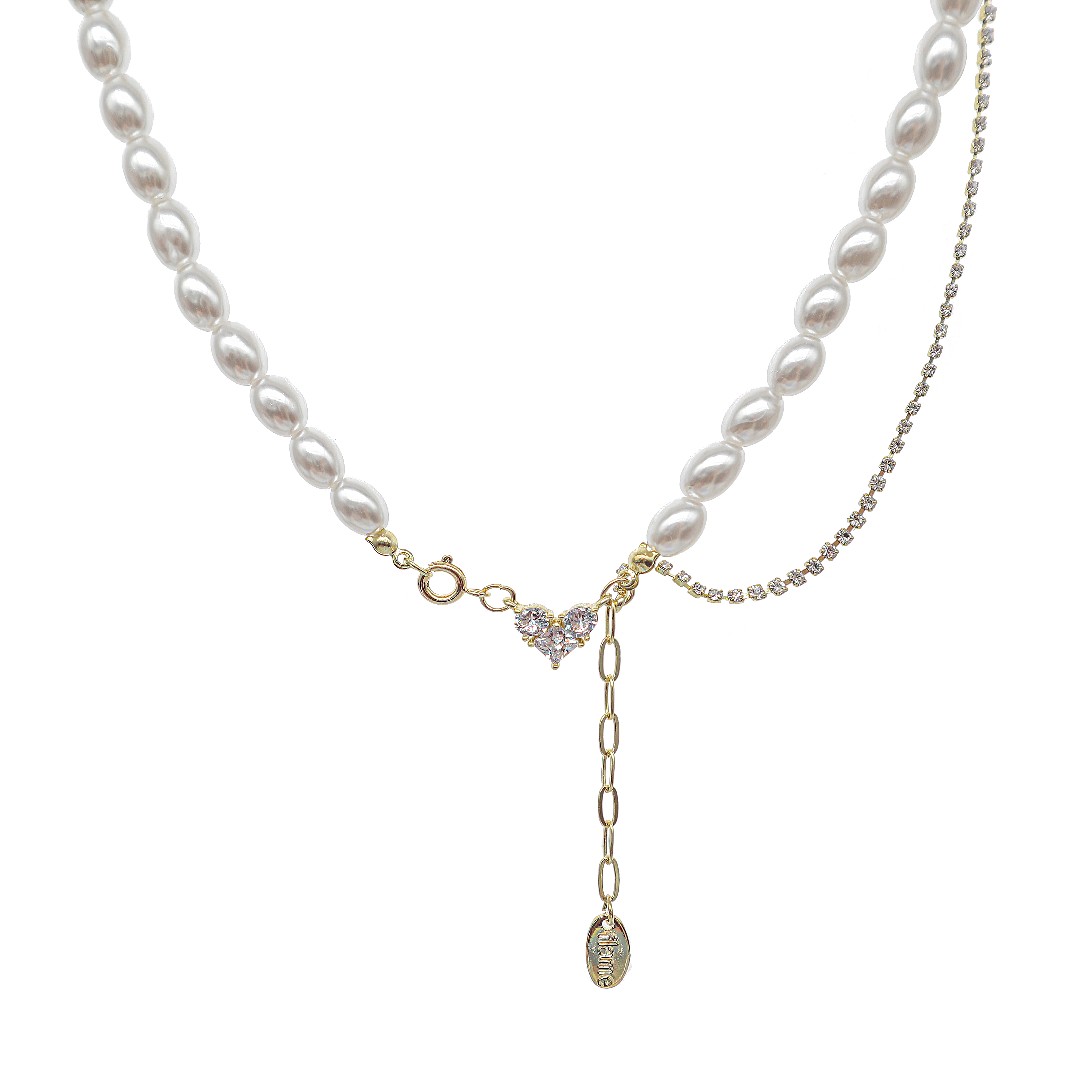 French Heart Zircon Half Pearl Half Chain Double Gold Necklace